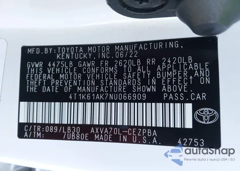 2022 Toyota Camry Xse z USA, uszkodzony, nr VIN 4T1K61AK7NU066909